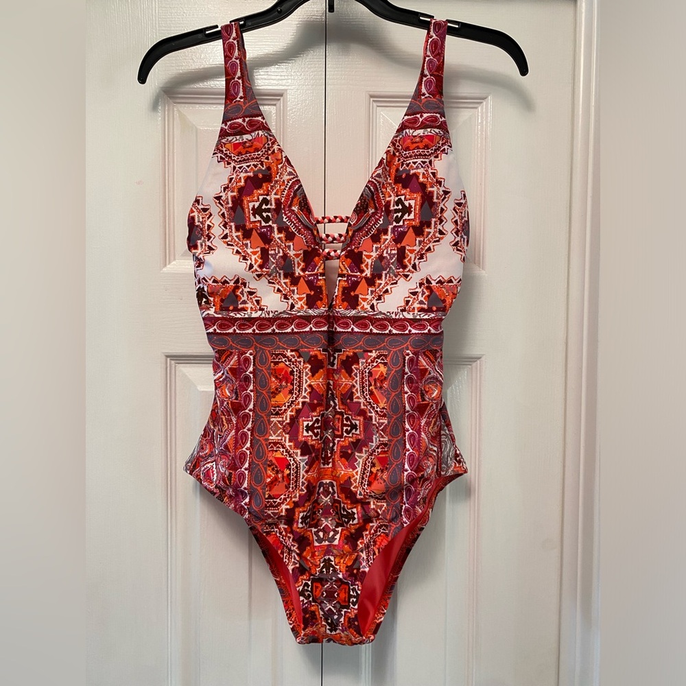 Becca, size medium, v neck, plunge, one piece, swimsuit, multi-colored